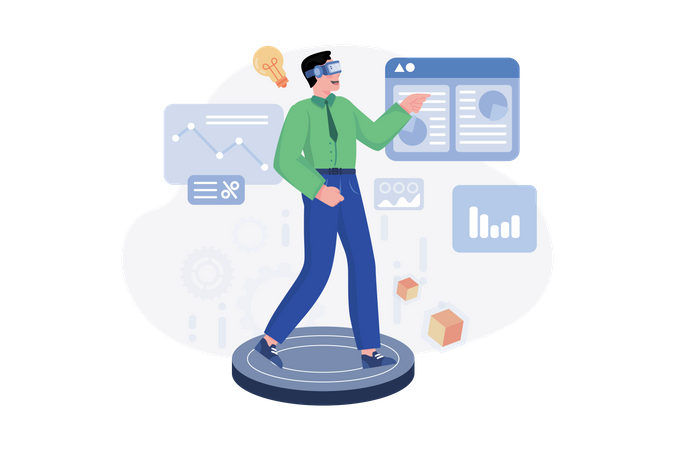 Businessman doing data analysis in Metaverse Technology  Illustration