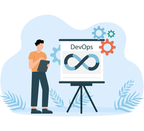 DevOps のプレゼンテーションを行うビジネスマン  イラスト