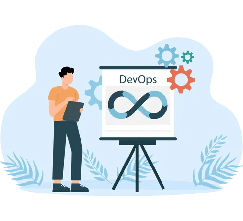 DevOps のプレゼンテーションを行うビジネスマン  イラスト