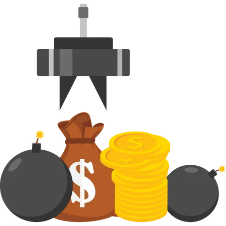 Robotic Claw Grab Money From A Pile Of Money And Bomb Take Risk Grip Robotic Claw In Factory Claw Arcade Game Put Money And Coin Claw Game Device Illustration