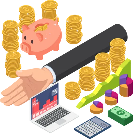 Flat 3 D Isometric Businessman Divide The Money For Saving And Investing Money And Financial Management Concept Illustration