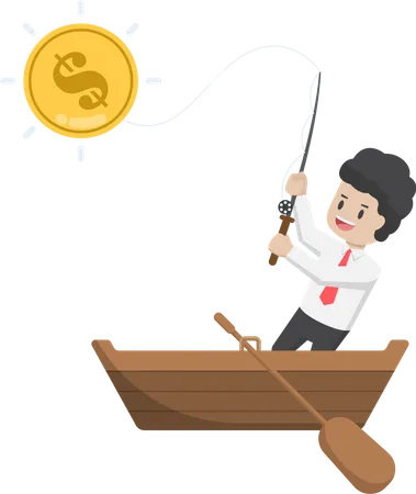 Businessman Catching Dollar Coin By Fishing Rod Pursuit Of Income And Business Success Concept Illustration