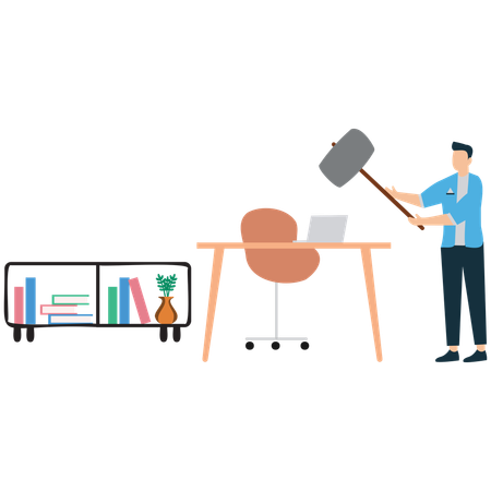 Businessman doing Hammer crashing workplace in office  Illustration