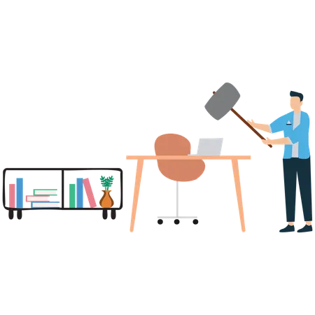 Businessman doing Hammer crashing workplace in office  Illustration