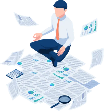 Businessman doing meditation and floating over paperwork Illustration