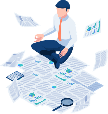 Businessman doing meditation and floating over paperwork  Illustration