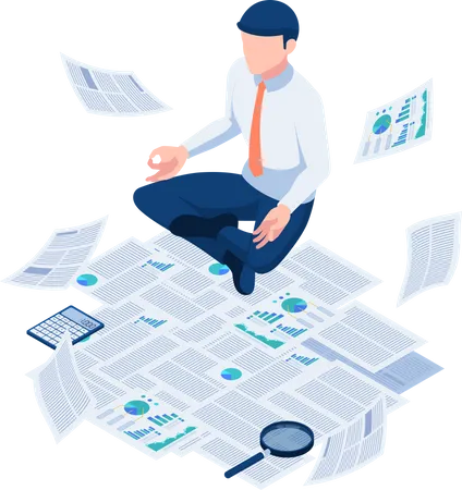 Businessman doing meditation and floating over paperwork  Illustration