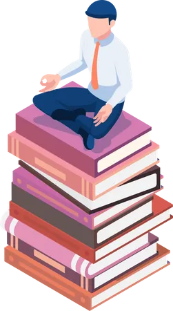 Flat 3 D Isometric Businessman Doing Meditation In Lotus Pose On The Books Stack Business Knowledge And Education Concept Illustration