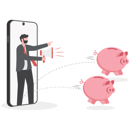 Mobile Advertising Concept Businessman With Megaphone Suggests Ways To Save Money Advertising Campaign Illustration