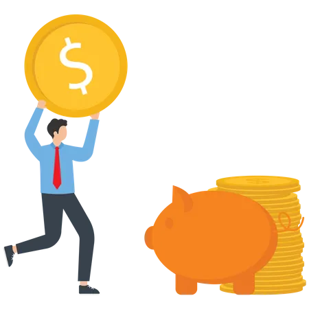 Piggy Bank In The Form Of A Pig A Woman Runs With A Coin In His Hands To The Piggy Bank Saving Or Accumulating Money Financial Services Investment Bank Deposit Vector Illustration