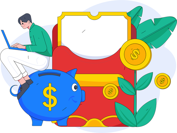 Businessman doing money online investments in piggy bank  Illustration