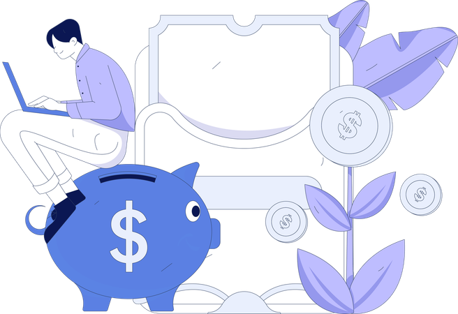 Businessman doing money online investments in piggy bank  Illustration