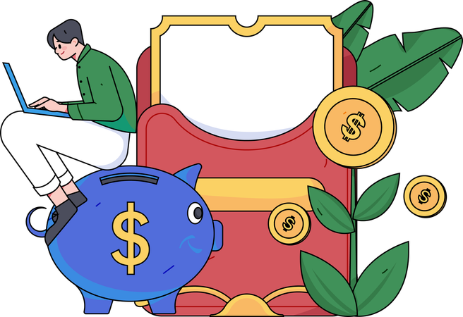 Businessman doing money online investments in piggy bank  Illustration