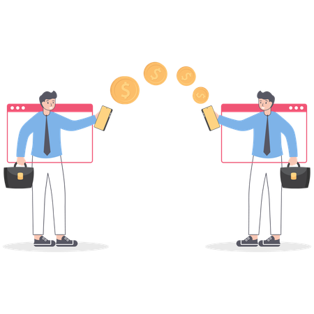 지갑에서 스마트폰으로 송금을 하는 사업가  일러스트레이션