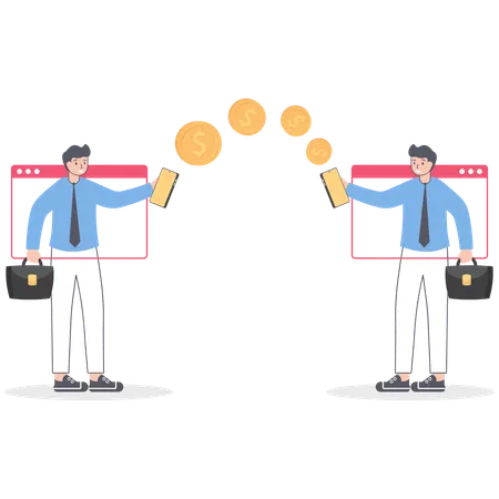 지갑에서 스마트폰으로 송금을 하는 사업가  일러스트레이션