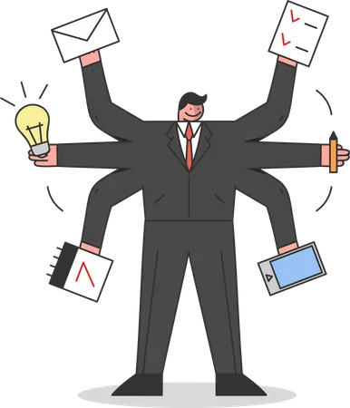 Businessman With Many Hands Holding Office Supplies In Arms Multitasking And Self Employment Concept Businessman Doing Multiple Tasks Busy Office Work Deadline Cartoon Flat Vector Illustration イラスト