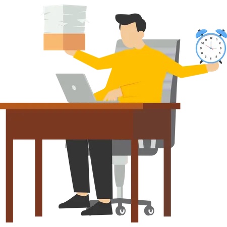 Workaholic Overworked Lots Of Documents Concept Businessman Busy Multitasking Or Tired And Tired From Overwork Workaholic Businessman Working Hard At His Office Desk With Work Papers Illustration