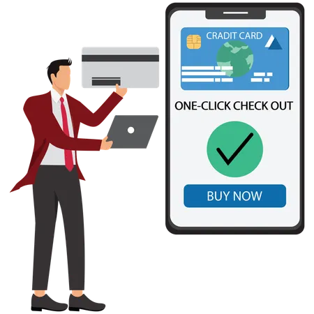 Businessman doing One Click Checkout using mobile  Illustration