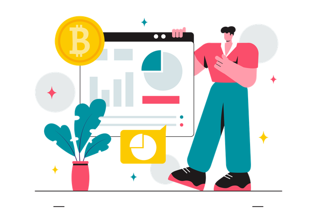 Businessman doing online bitcoin analysis  Illustration