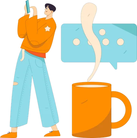 Businessman doing online chat during tea break  Illustration