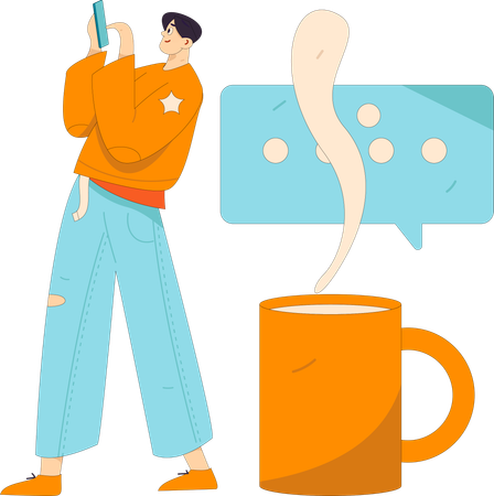 Businessman doing online chat during tea break  Illustration