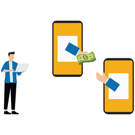 Businessman doing online money transfer  Illustration