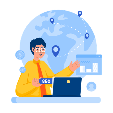 Businessman doing SEO marketing for global market  Illustration