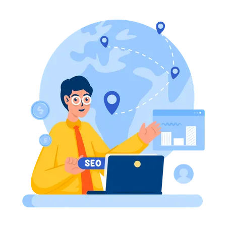 Businessman doing SEO marketing for global market  Illustration