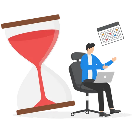 Businessman doing task in the laptop with hourglass  Illustration