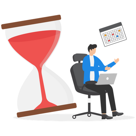 Businessman doing task in the laptop with hourglass  Illustration