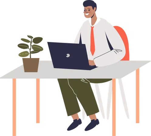 Smiling African Businessman Working On Laptop Computer Sitting At Office Desk Cartoon Male Office Worker Or Manager Typing On Desktop Flat Vector Illustration Illustration