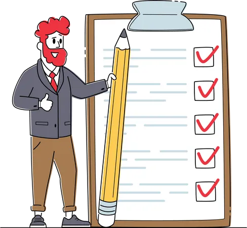 Businessman Character With Pencil Stand At Checklist With Marks In Check Boxes On Huge Clipboard Business Man Planning Presenting Task Solutions And Thinking New Ideas Linear Vector Illustration Illustration