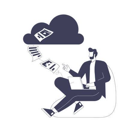 Businessman downloads content and makes backups in cloud storage  Illustration