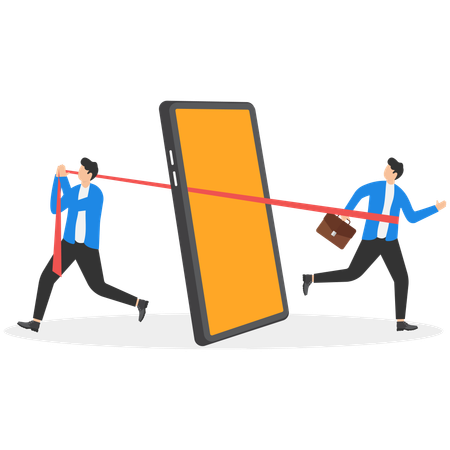 Businessman drag another man by rope through smartphone screen  Illustration