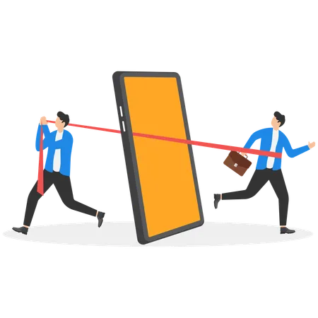 Businessman drag another man by rope through smartphone screen  Illustration