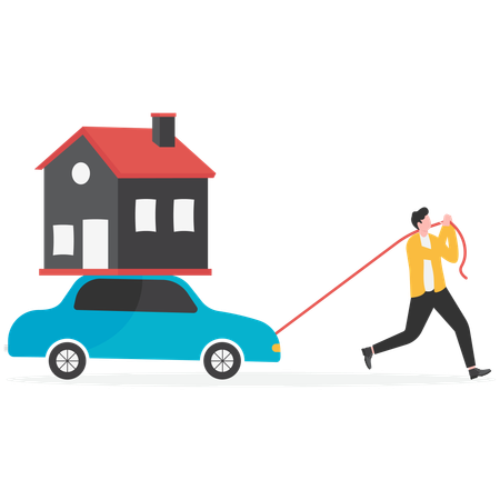 Businessman dragging house and convertible car  Illustration