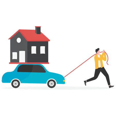 Businessman dragging house and convertible car  Illustration