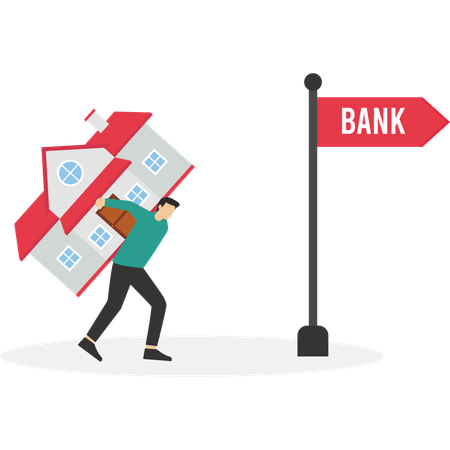 Businessman dragging house to bank  Illustration