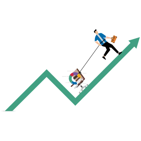 사업가가 성과 파이 차트와 사무실 의자를 위쪽 화살표를 따라 끌고 있습니다.  일러스트레이션