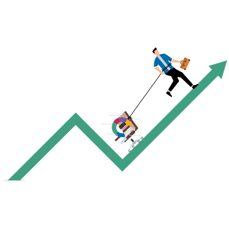 Businessman dragging performance pie chart and office chair along up arrow  Illustration