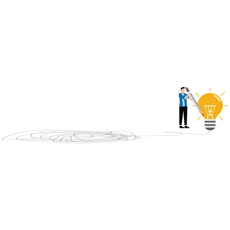 Businessman draw lightbulb from messy knot to simplify complex business problem  Illustration
