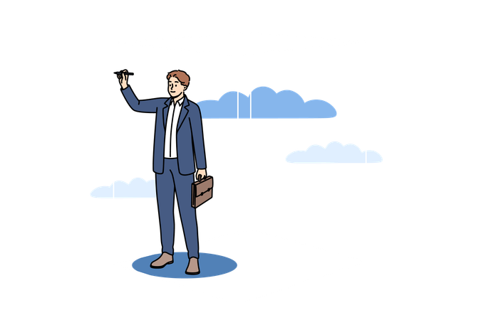 Businessman drawing boundaries with pencil and flying among clouds  Illustration