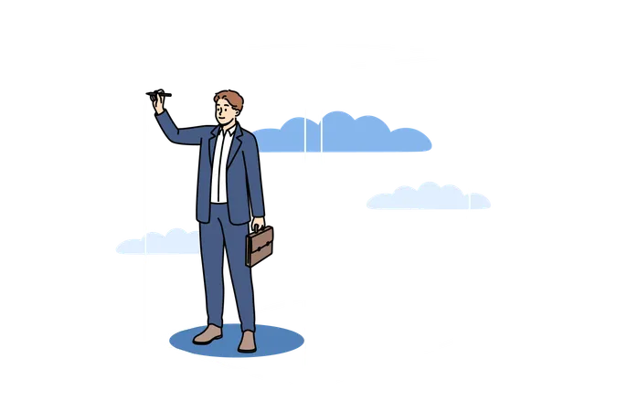 Businessman drawing boundaries with pencil and flying among clouds  Illustration