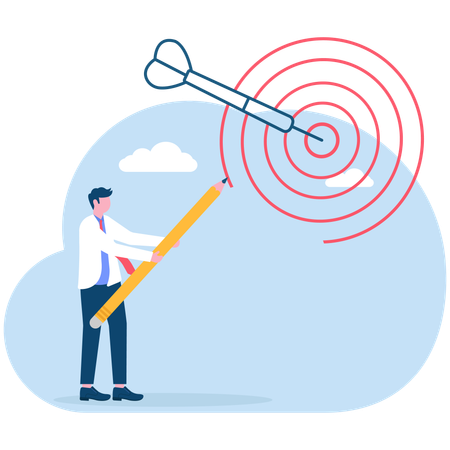 사업가가 연필을 사용하여 타겟에 화살표가 있는 다트판을 그리는 모습  일러스트레이션