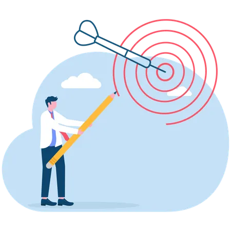 사업가가 연필을 사용하여 타겟에 화살표가 있는 다트판을 그리는 모습  일러스트레이션