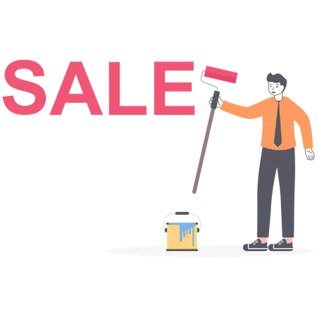 Man In A Suit Businessman Or Manager Is Drawing Word Sale He Is Inviting To Big Sale Discounts Low Prices Illustration Vector Flat Illustration