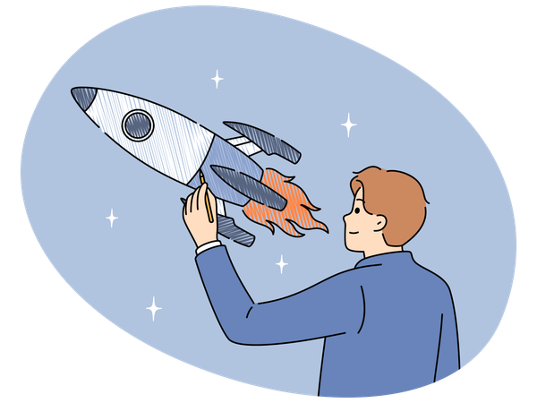 Businessman draws space rocket symbolizing successful launches and business ambitions  Illustration