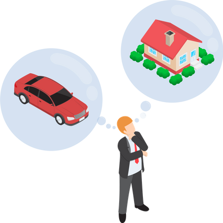 Businessman dreaming about house and car Illustration