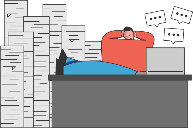 Concept Of Term And Time Waste Procrastinating Businessman Is Relaxing At Workplace Among Stacks Of Papers Putting Legs On The Table Outline Linear Flat Vector Illustration Illustration