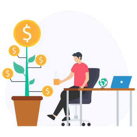 Businessman drinking coffee watching money growing on plant  Illustration